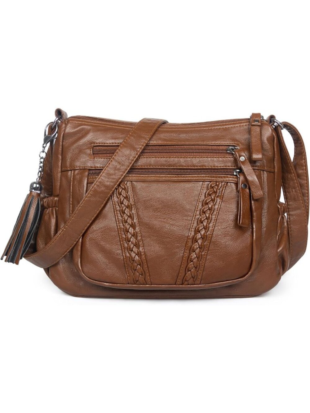 Women's Brown Soft PU Leather Crossbody Bag With Tassel Handbag Pocketbooks